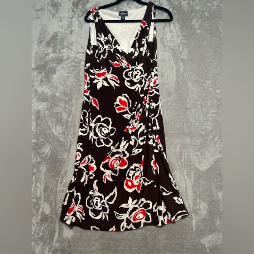 American Living Career Office Midi Dress Brown Roses Women’s 14 Stretch